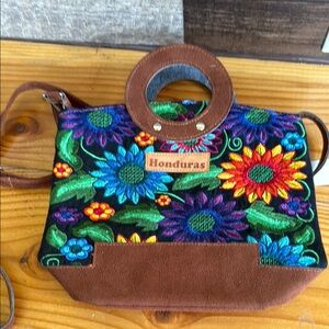Floral Embroidered Handbag with Brown Accents